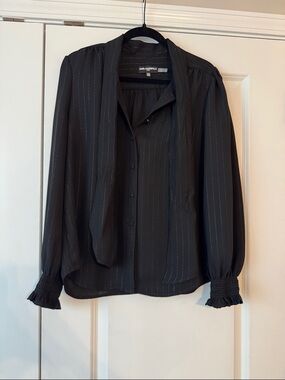 Karl Lagerfeld Black Pinstriped Tie-Neck Blouse